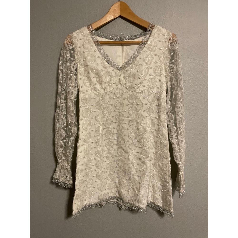 Kristine Womens Tunic Small Silver Geometric Embroidered Glitter Babydoll 70s